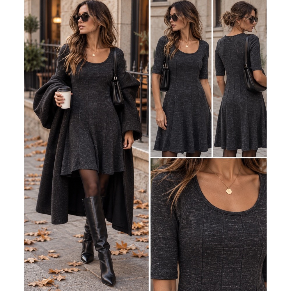 GANNI Winter Jersey Dress M Charcoal Cotton Scandi Copenhagen Fit Flare Minimal
